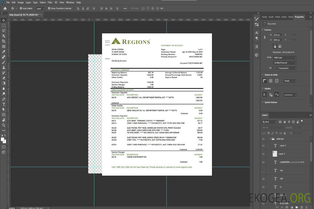 Modèle de relevé de preuve d'adresse bancaire des régions des États-Unis au format Word et PDF template Modèle de relevé de preuve d'adresse bancaire des régions des États-Unis au format Word et PDF template